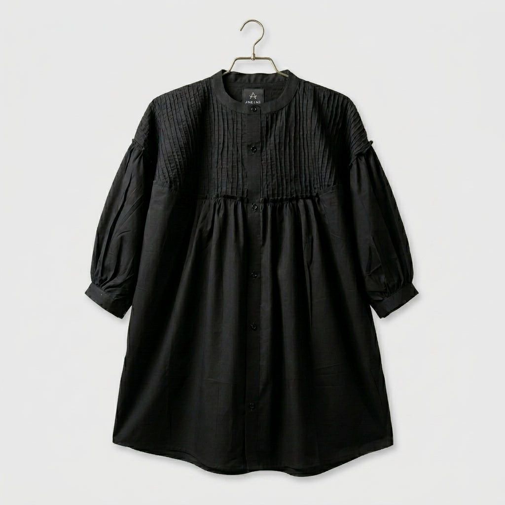 Black Baggy Cotton Shirt – Pleated Front Casual Top
