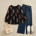 Black Short Frock with Baggy Pants – Printed Cotton 2-Piece Set