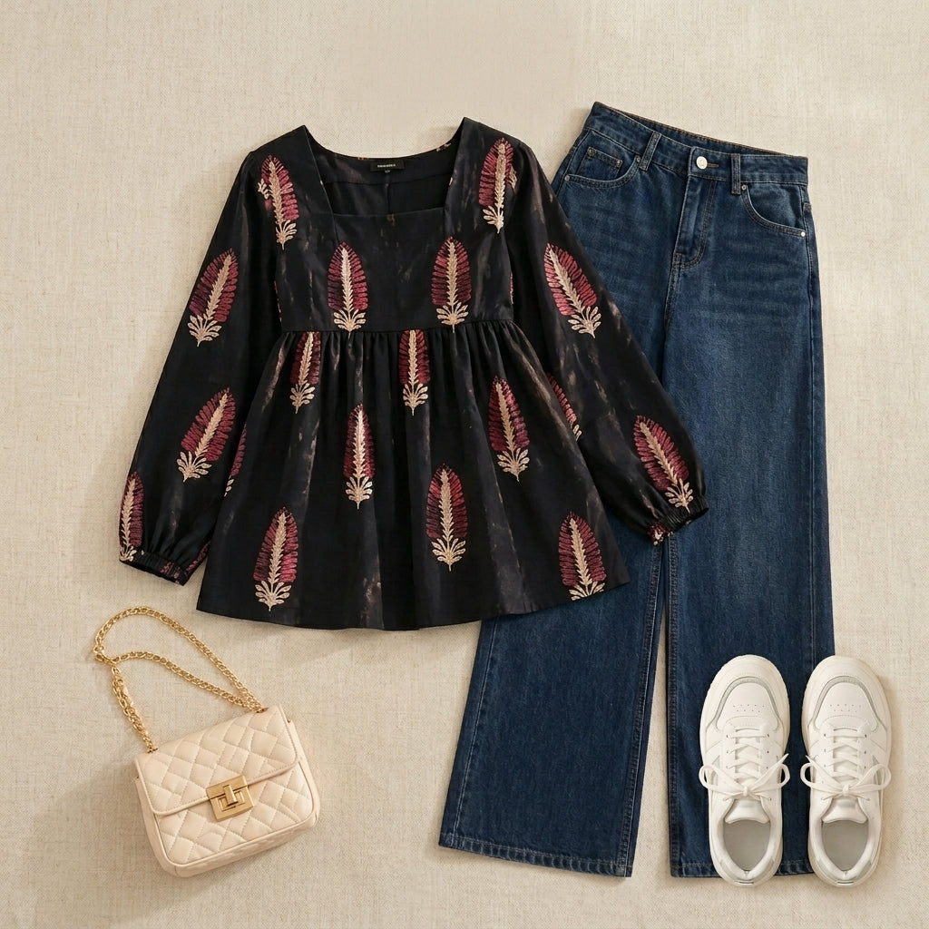 Black Short Frock with Baggy Pants – Printed Cotton 2-Piece Set