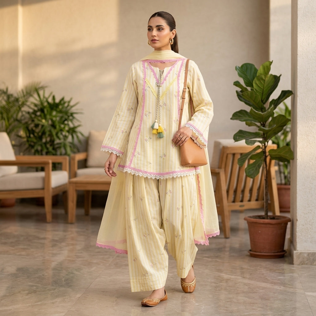Light Yellow Cotton 3-Piece Suit – Printed Kurta with Wide-Leg Pants