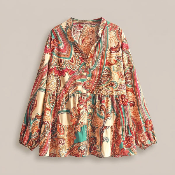 Printed Tiered Open Shirt – Multicolor Paisley & Floral Print