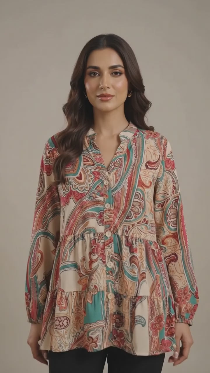 Printed Tiered Open Shirt – Multicolor Paisley & Floral Print